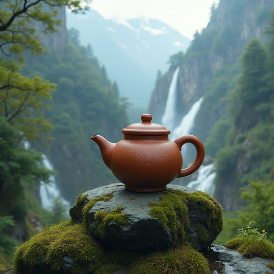  "Rustic brown clay teapot with lid positioned on a moss-covered boulder in a serene mountain landscape, with a dramatic multi-tiered waterfall cascading down rocky cliffs surrounded by lush green forest"