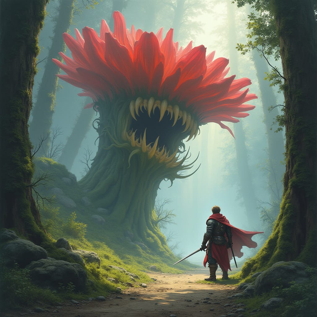 A giant carnivorous flower with sharp teeth bursting out of earth on a forest path. Plant is towering over an adventurer holding a sword, cloak blowing dramatically in the wind. The art style is fantasy driven with bold lighting