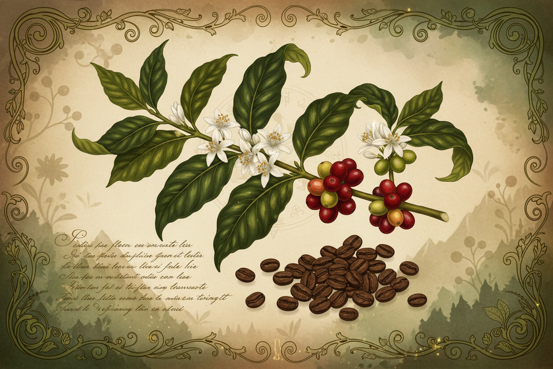 Coffee plant botanical illustration showing glossy leaves, white jasmine flowers, red coffee cherries, and roasted beans on vintage parchment - The Herbarium by Professor Nightshade