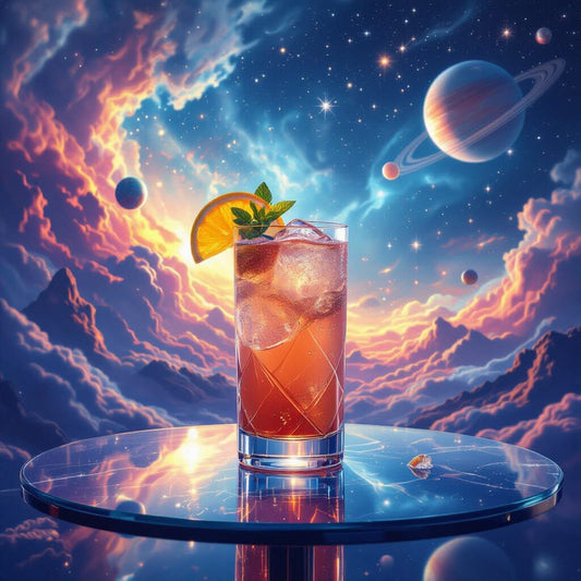 a cosmic cocktail mocktail drink sitting on a celestial table with space background