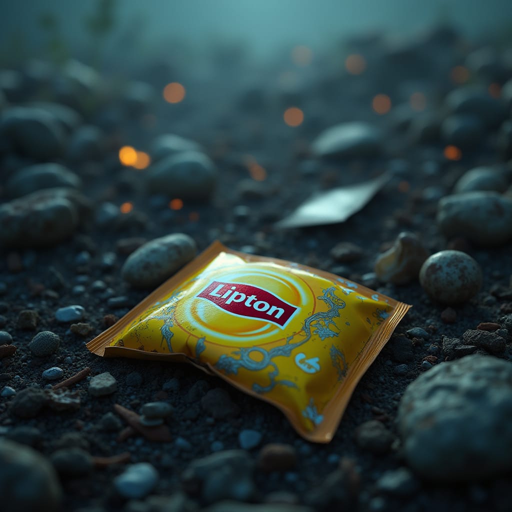 A discarded bag of lipton tea 
