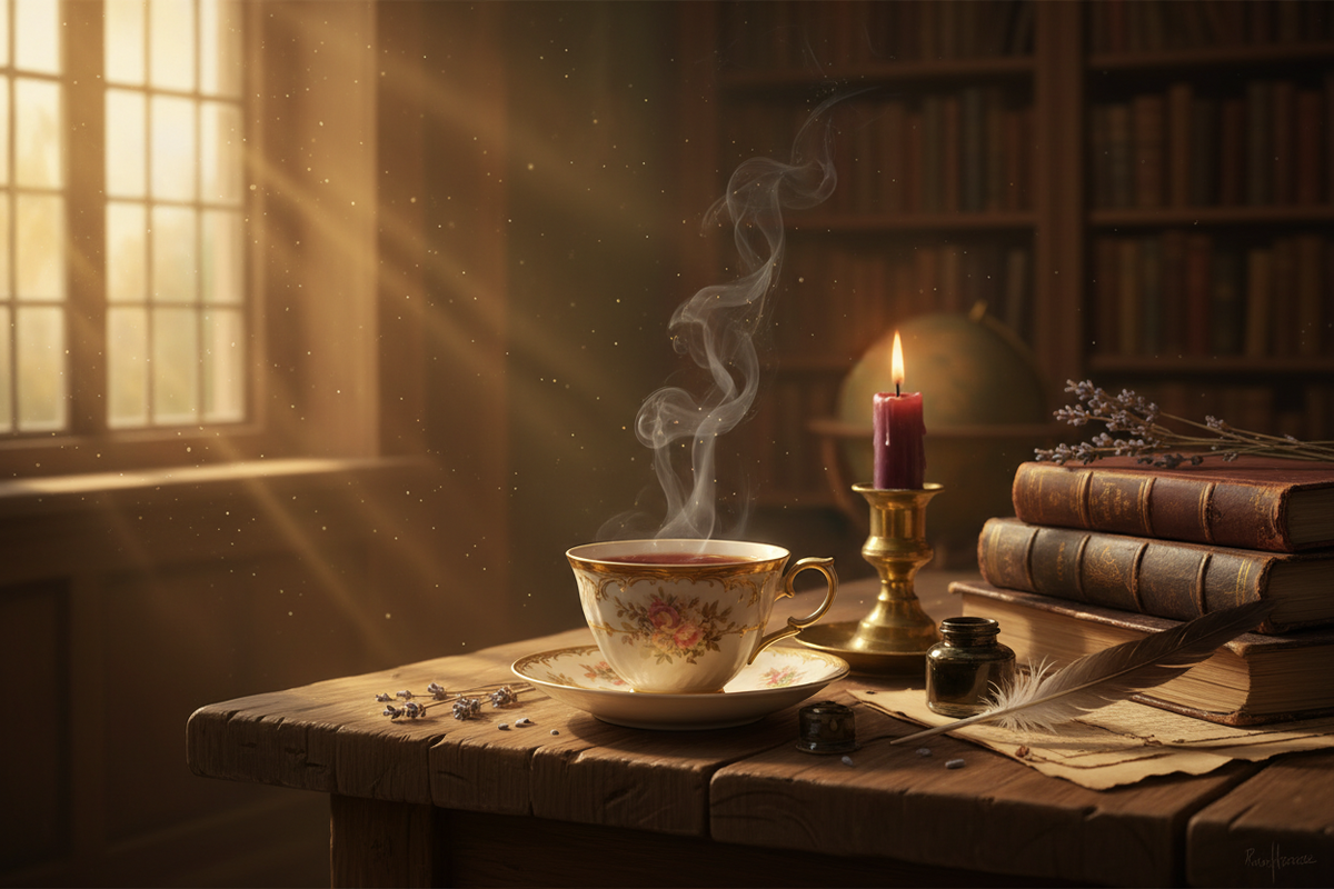 Contemplative tea ritual in dark academia aesthetic - vintage teacup with steam, antique books, and golden window light representing stillness and mindful brewing