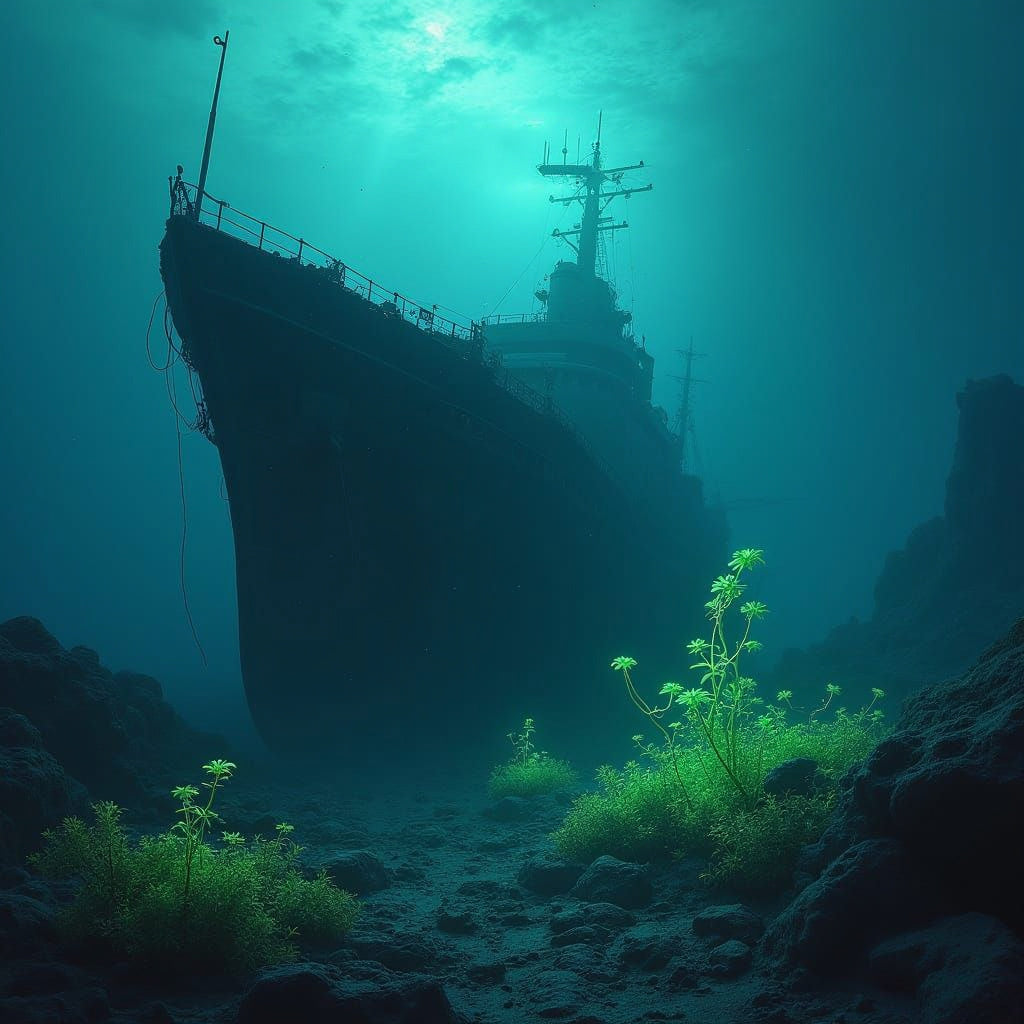 Enchanting illustration of a deep sea underwater shipwreck. Strong light contrast highlights the shipwreck details. 