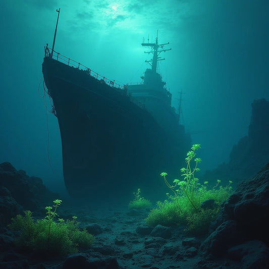 Enchanting illustration of a deep sea underwater shipwreck. Strong light contrast highlights the shipwreck details. 