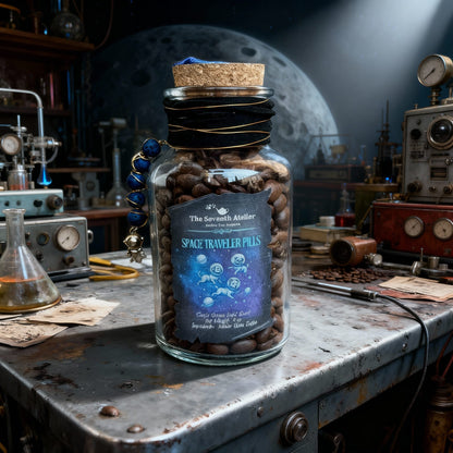 Jar labeled 'Space Traveler Pils' filled with coffee beans on a vintage laboratory counter.