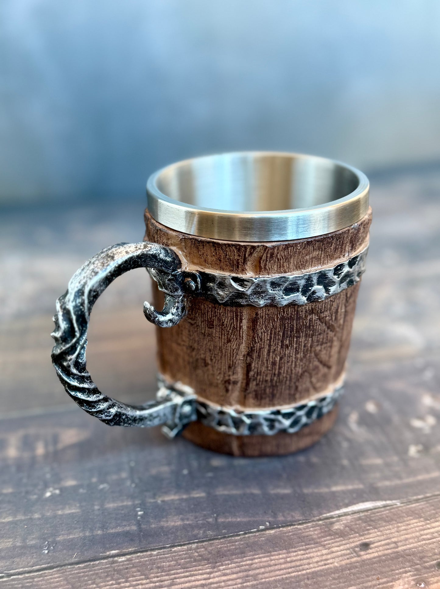 The Timber Cask Tankard: Insulated Viking Style Coffee Mug | Double-Wall Stainless Steel for Daily Archive Work | Eldrin's Field Gear
