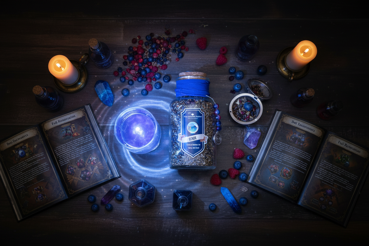 Blue Elixir overhead flat lay