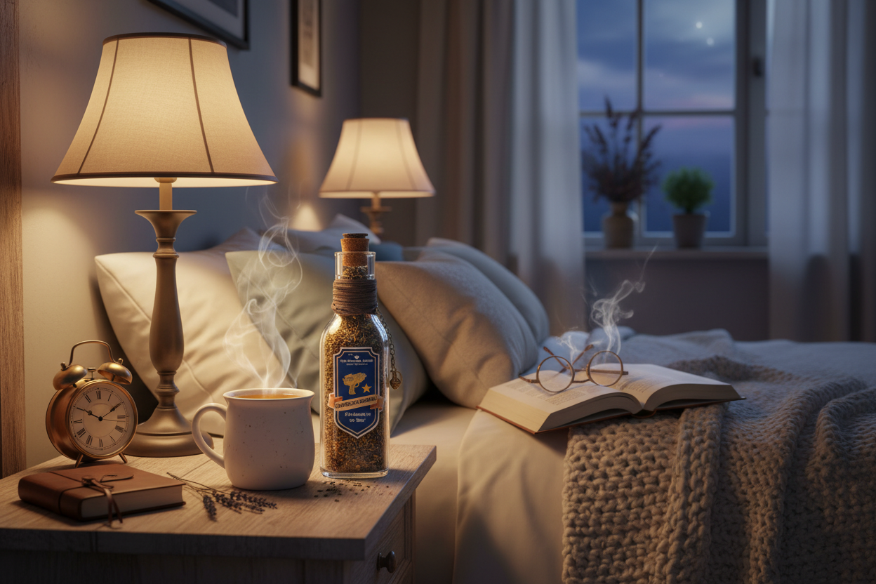 Chrono Buster chamomile tea in peaceful bedside setting