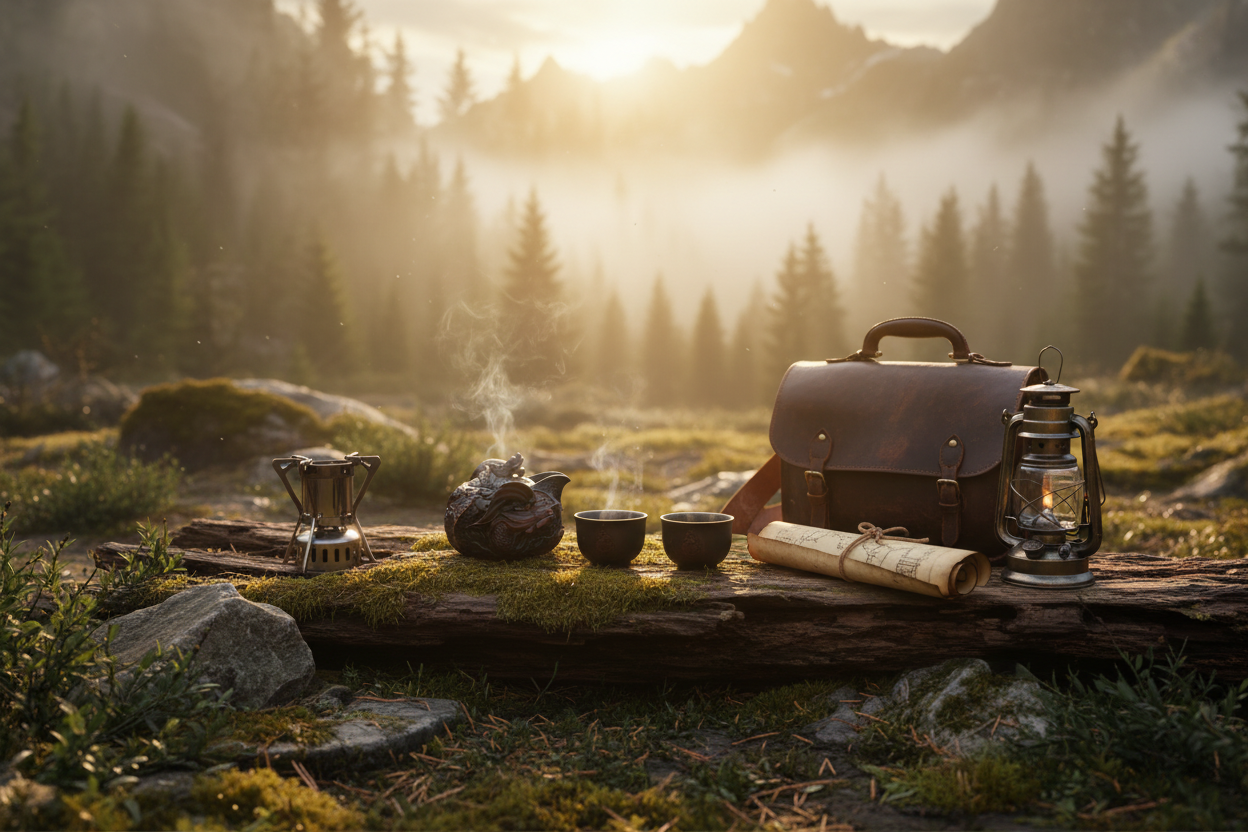 Dragon-Slayer's tea set in wilderness adventure scene
