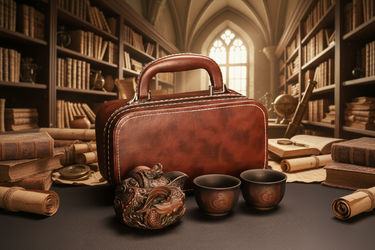 Dragon tea set with vintage leather travel case in alchemist study
