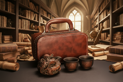 Dragon tea set with vintage leather travel case in alchemist study