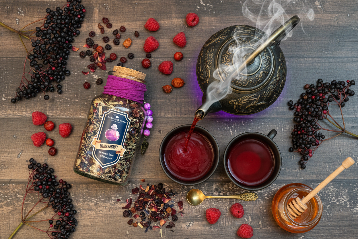 Dragonberry Elixir overhead teapot flat lay
