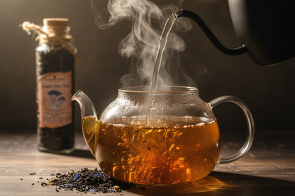 Hot water being poured into Bergamot Rain Cloud tea