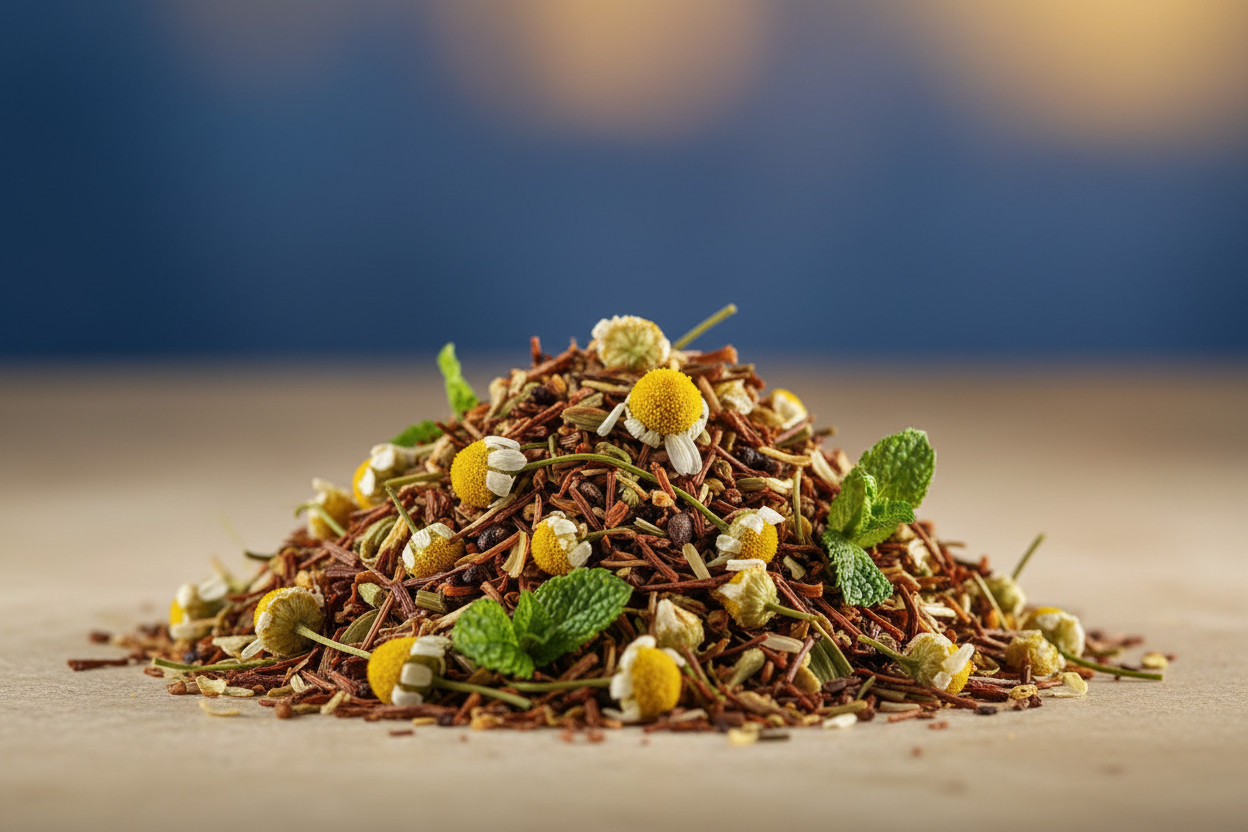 Macro close-up of Chrono Buster chamomile tea blend