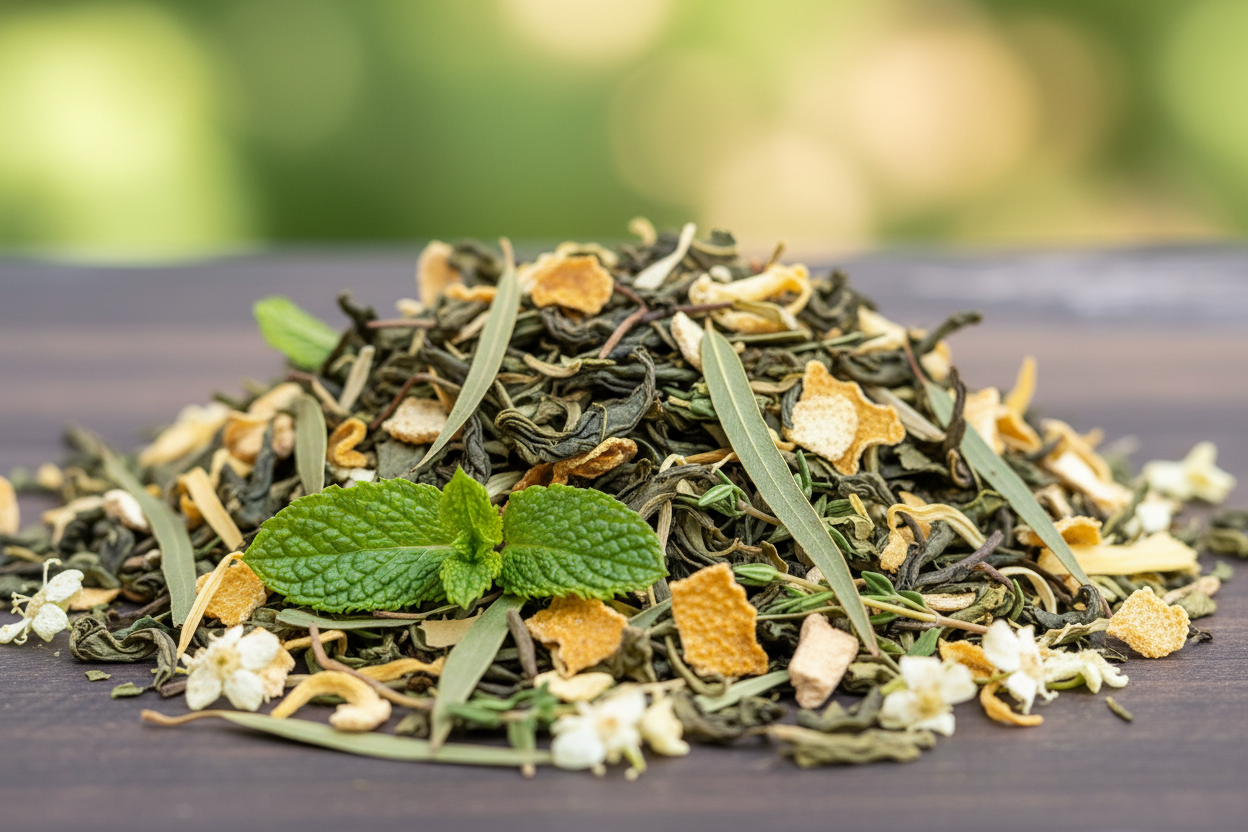 Macro close-up of Cure Concoction green tea blend