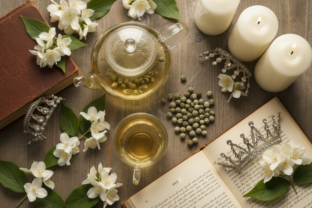 Queen's Crown Jasmine Pearls overhead with glass teapot