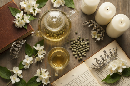 Queen's Crown Jasmine Pearls overhead with glass teapot