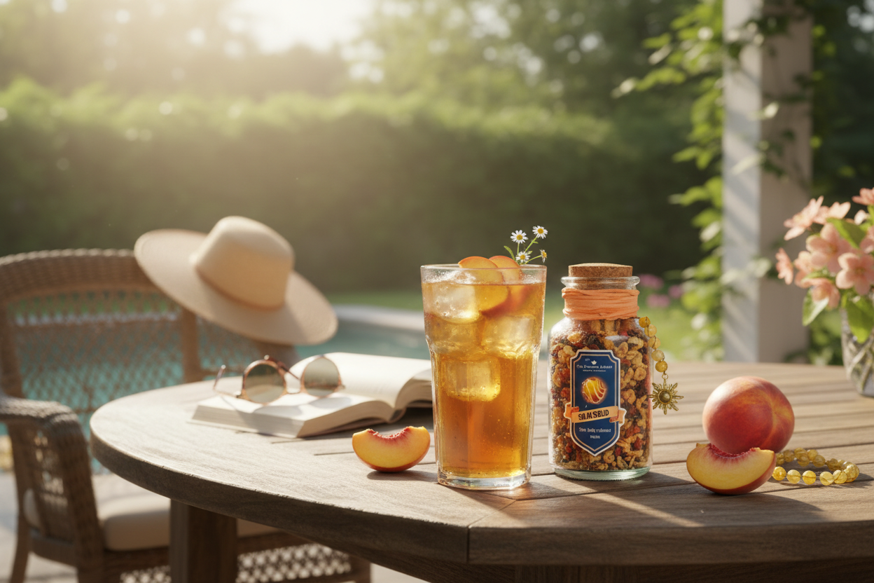 Solar Shield iced peach tea in golden hour setting