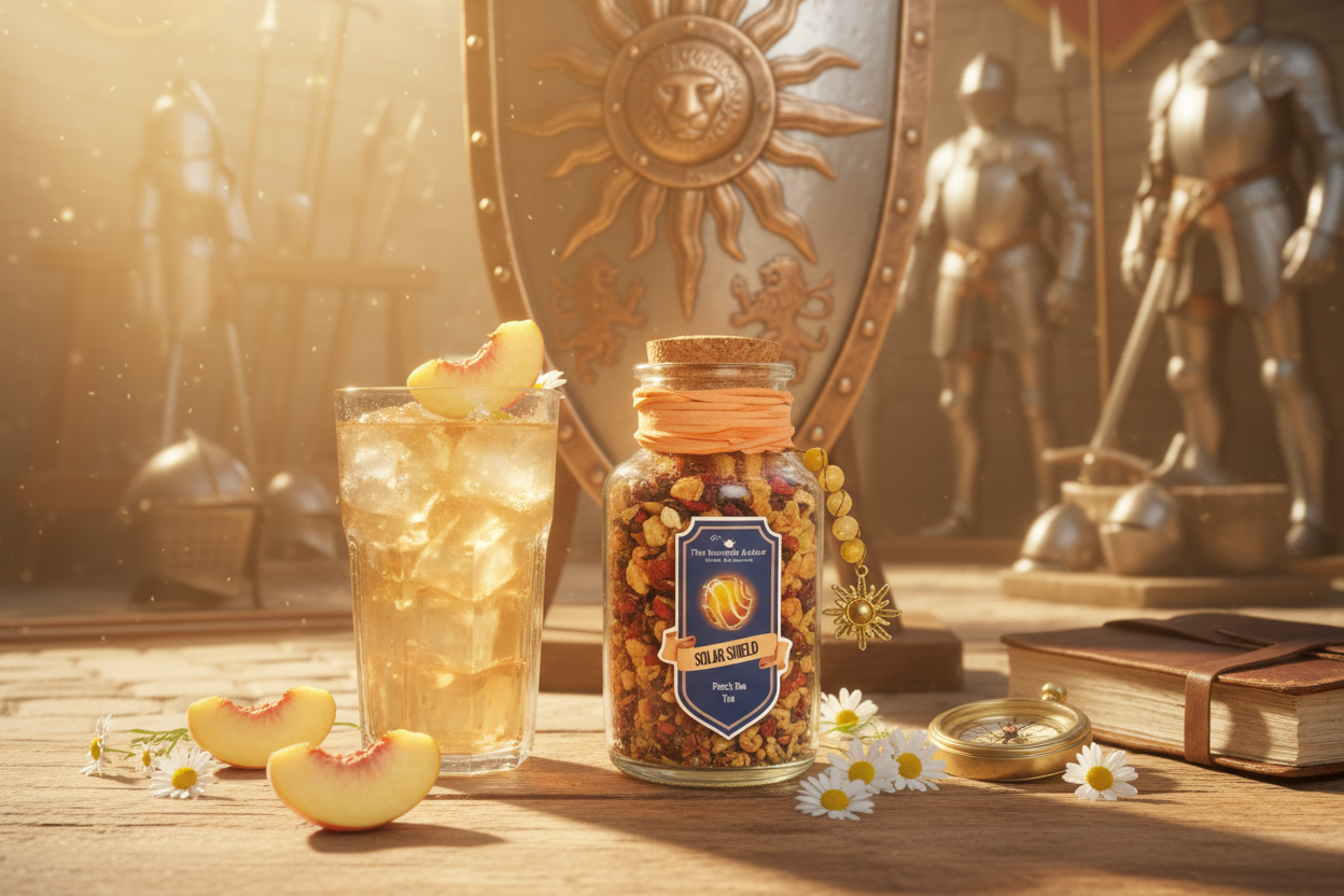 Solar Shield Peach Tea with golden sunlight and protective elements
